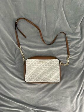 Michael Kors White and Brown Signature MK Crossbody Bag